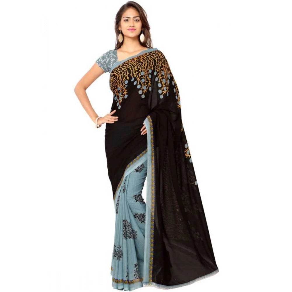 Generic Women's Faux Georgette Printed Saree With Unstitched Blouse 5.5Mtr (Brown) - MYLUXURY LANE ENTERPRISE
