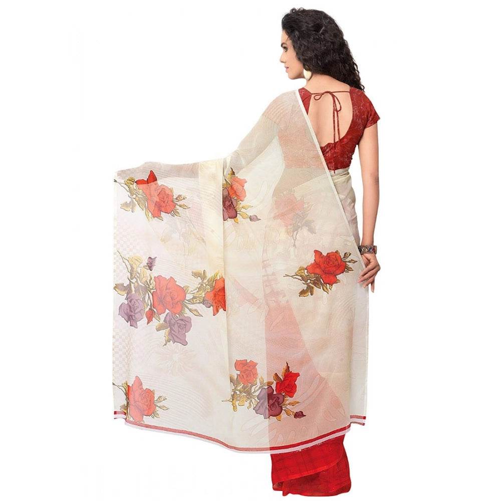 Generic Women's Faux Georgette Printed Saree With Unstitched Blouse 5.5Mtr (Red) - MYLUXURY LANE ENTERPRISE