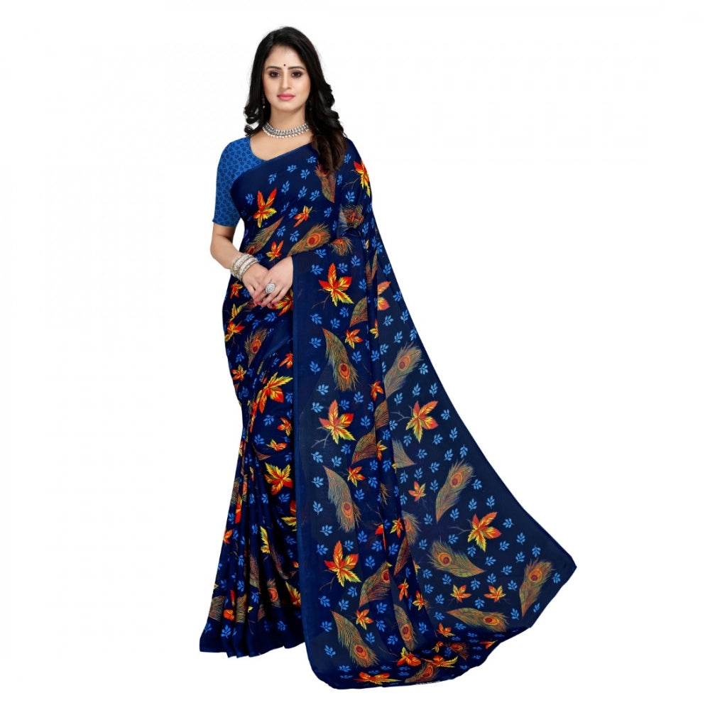 Generic Women's Faux Georgette Printed Saree With Unstitched Blouse 5.5Mtr (Blue) - MYLUXURY LANE ENTERPRISE