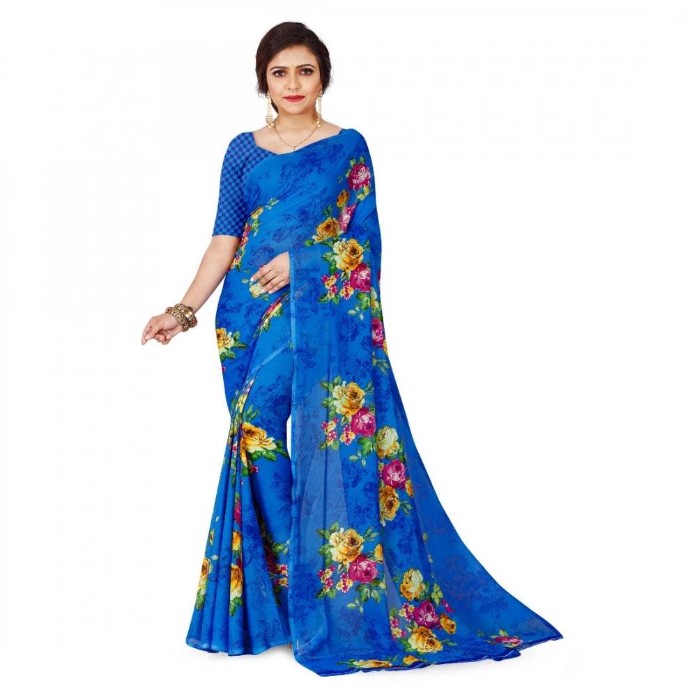 Generic Women's Faux Georgette Printed Saree With Unstitched Blouse 5.5Mtr (Blue) - MYLUXURY LANE ENTERPRISE