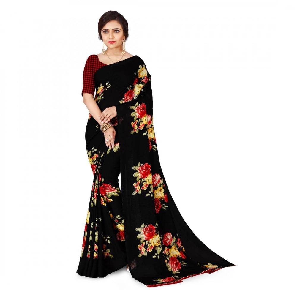 Generic Women's Faux Georgette Printed Saree With Unstitched Blouse 5.5Mtr (Black) - MYLUXURY LANE ENTERPRISE