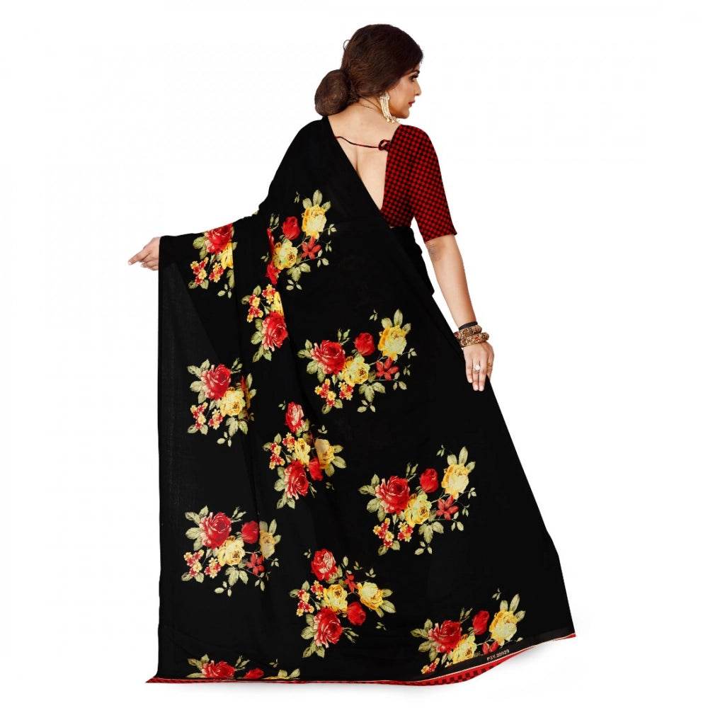 Generic Women's Faux Georgette Printed Saree With Unstitched Blouse 5.5Mtr (Black) - MYLUXURY LANE ENTERPRISE