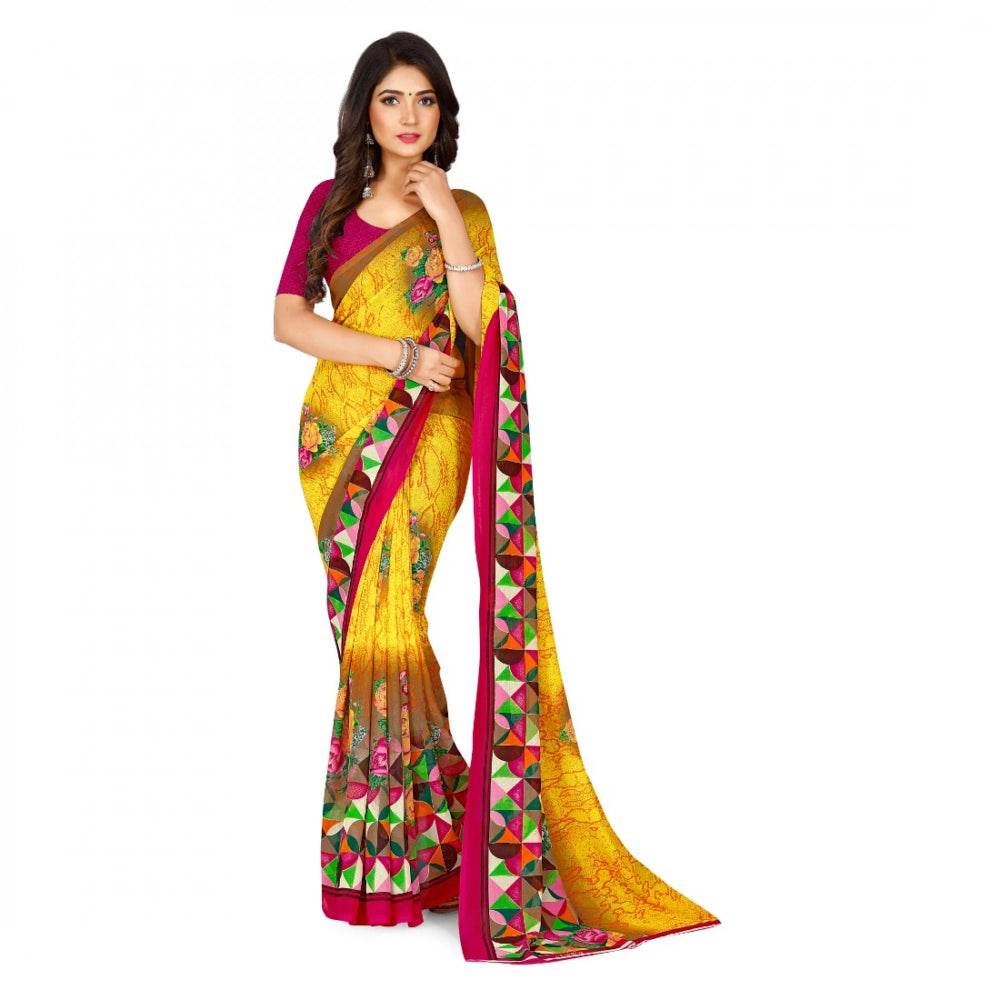 Generic Women's Faux Georgette Printed Saree With Unstitched Blouse 5.5Mtr (Yellow) - MYLUXURY LANE ENTERPRISE