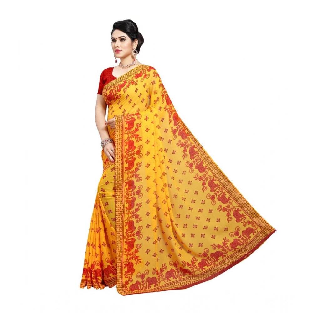 Generic Women's Georgette Printed Saree With Unstitched Blouse 5.5Mtr (Red) - MYLUXURY LANE ENTERPRISE