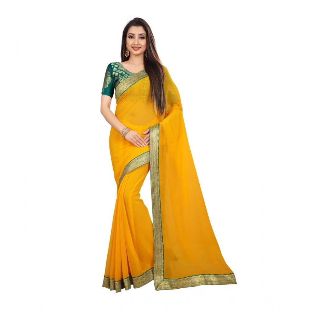 Generic Women's Chiifon Saree Printed Saree With Unstitched Blouse 5.5Mtr (Yellow) - MYLUXURY LANE ENTERPRISE