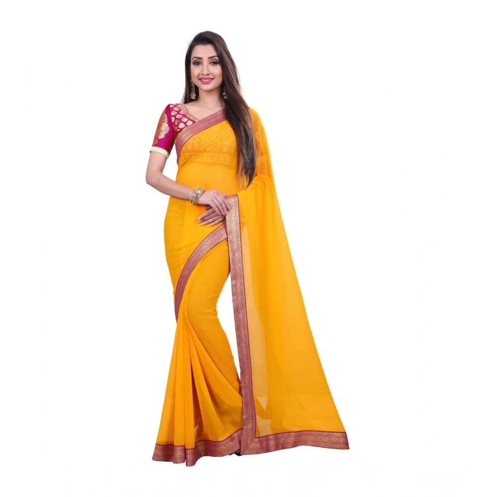 Generic Women's Chiifon Saree Printed Saree With Unstitched Blouse 5.5Mtr (Yellow) - MYLUXURY LANE ENTERPRISE