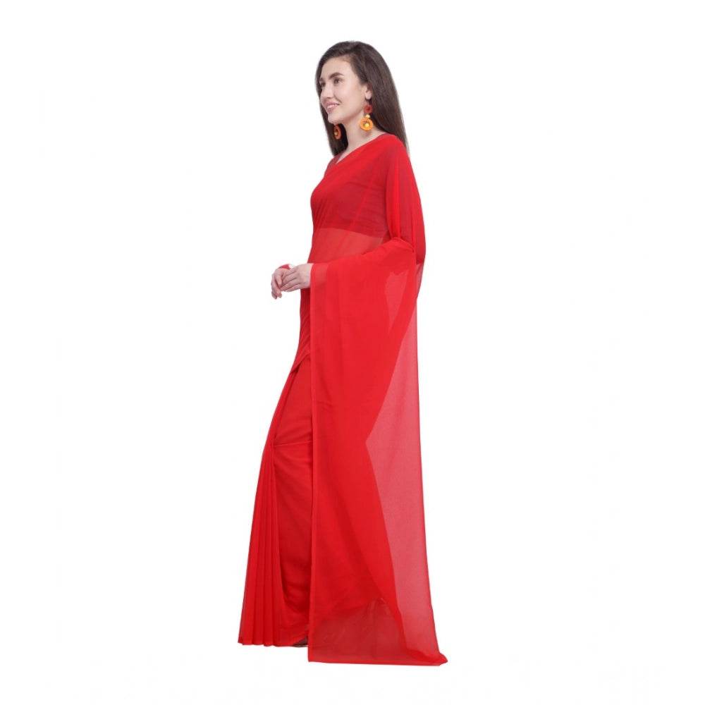 Generic Women's Dyed Solid Saree With Unstitched Blouse 5.5Mtr (Red) - MYLUXURY LANE ENTERPRISE