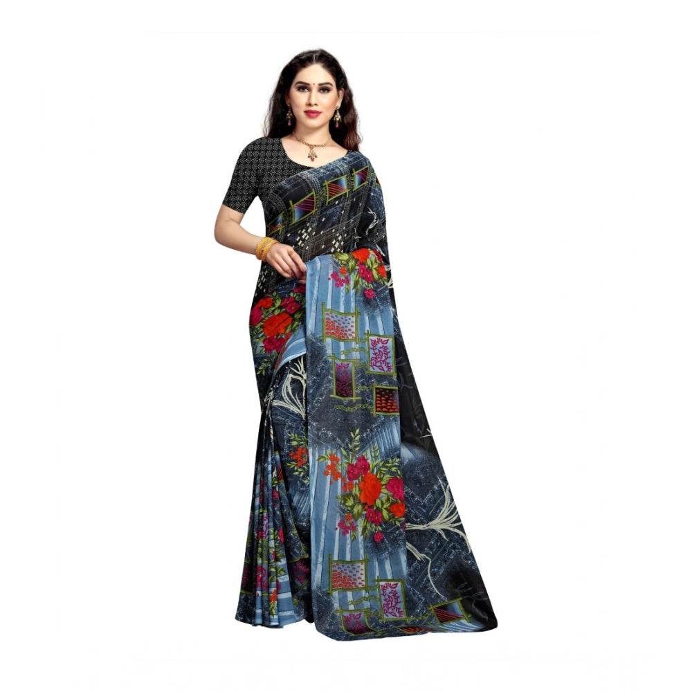 Generic Women's Georgette Printed Saree With Unstitched Blouse 5.5Mtr (Blue) - MYLUXURY LANE ENTERPRISE