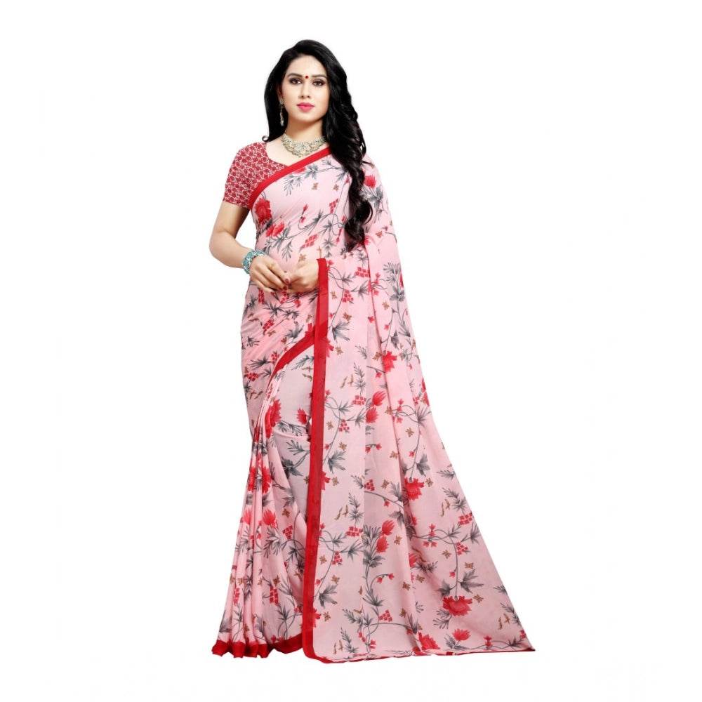 Generic Women's Georgette Printed Saree With Unstitched Blouse 5.5Mtr (Peach) - MYLUXURY LANE ENTERPRISE