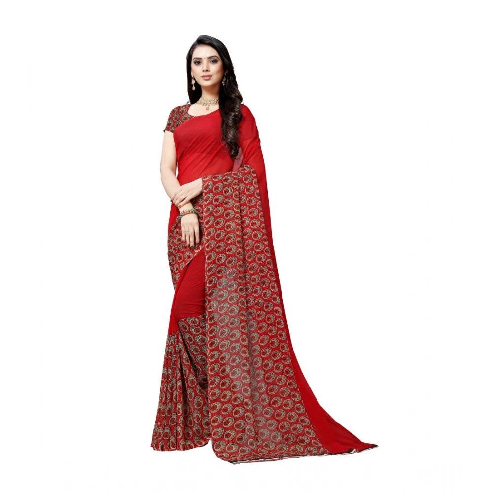 Generic Women's Georgette Printed Saree With Unstitched Blouse 5.5Mtr (Red) - MYLUXURY LANE ENTERPRISE