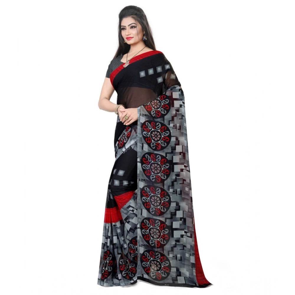 Generic Women's Georgette Printed Saree With Unstitched Blouse 5.5Mtr (Black) - MYLUXURY LANE ENTERPRISE
