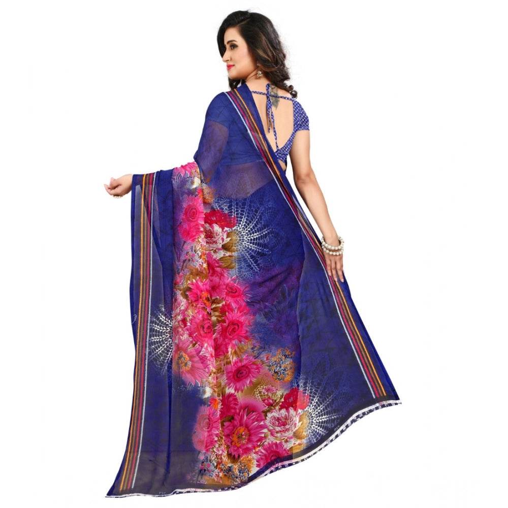 Generic Women's Georgette Printed Saree With Unstitched Blouse 5.5Mtr (Blue) - MYLUXURY LANE ENTERPRISE