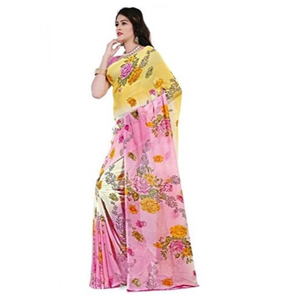 Generic Women's Faux Georgette Printed Saree With Unstitched Blouse 5.5Mtr (Pink) - MYLUXURY LANE ENTERPRISE