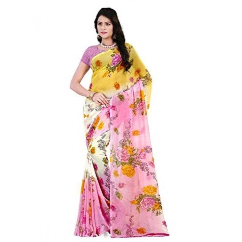 Generic Women's Faux Georgette Printed Saree With Unstitched Blouse 5.5Mtr (Pink) - MYLUXURY LANE ENTERPRISE
