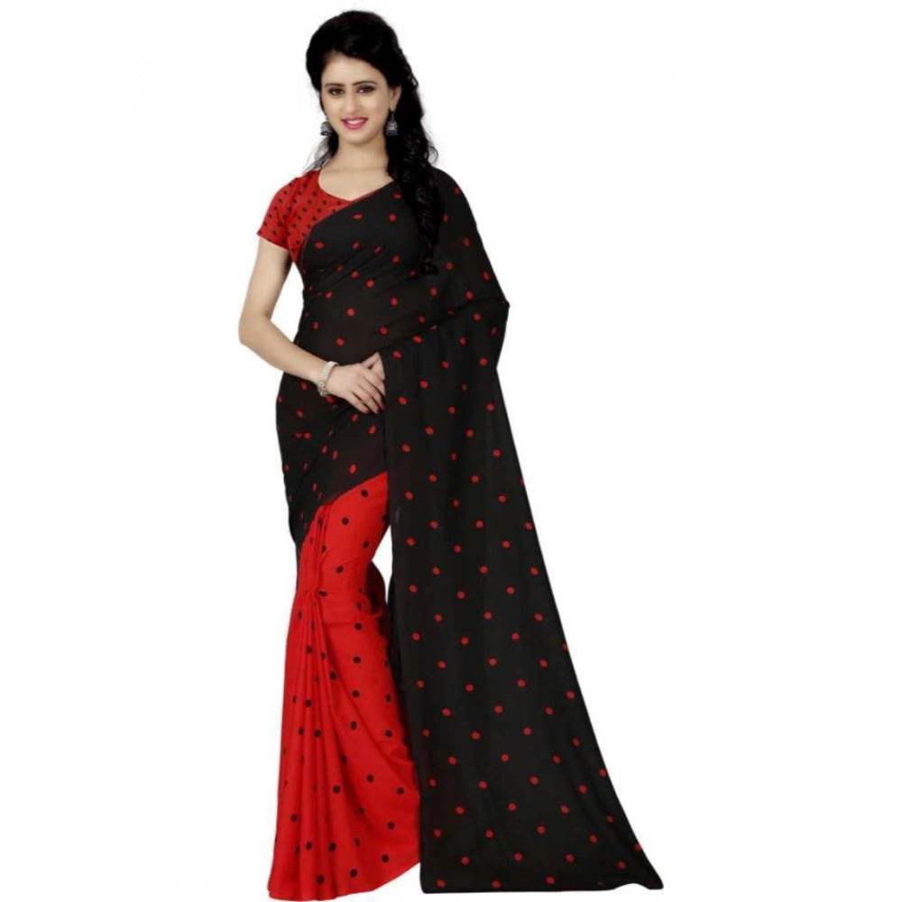 Generic Women's Faux Georgette Printed Saree With Unstitched Blouse 5.5Mtr (Red black) - MYLUXURY LANE ENTERPRISE