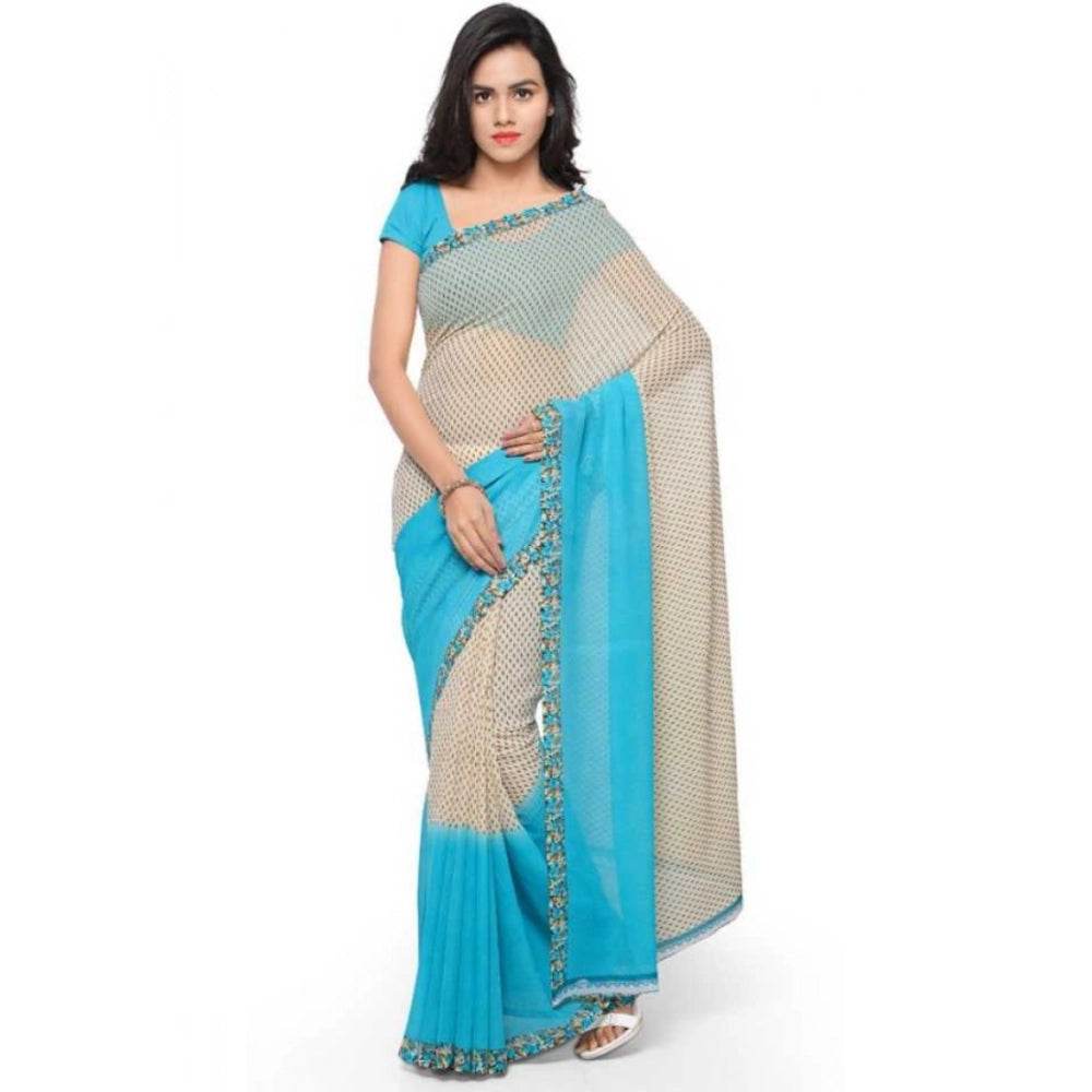 Generic Women's Faux Georgette Printed Saree With Unstitched Blouse 5.5Mtr (Blue) - MYLUXURY LANE ENTERPRISE