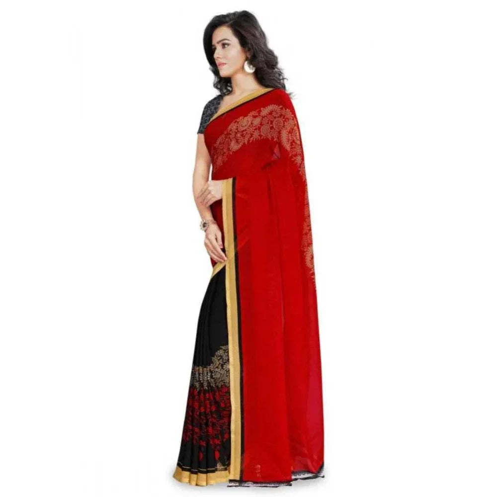 Generic Women's Faux Georgette Printed Saree With Unstitched Blouse 5.5Mtr (Red) - MYLUXURY LANE ENTERPRISE