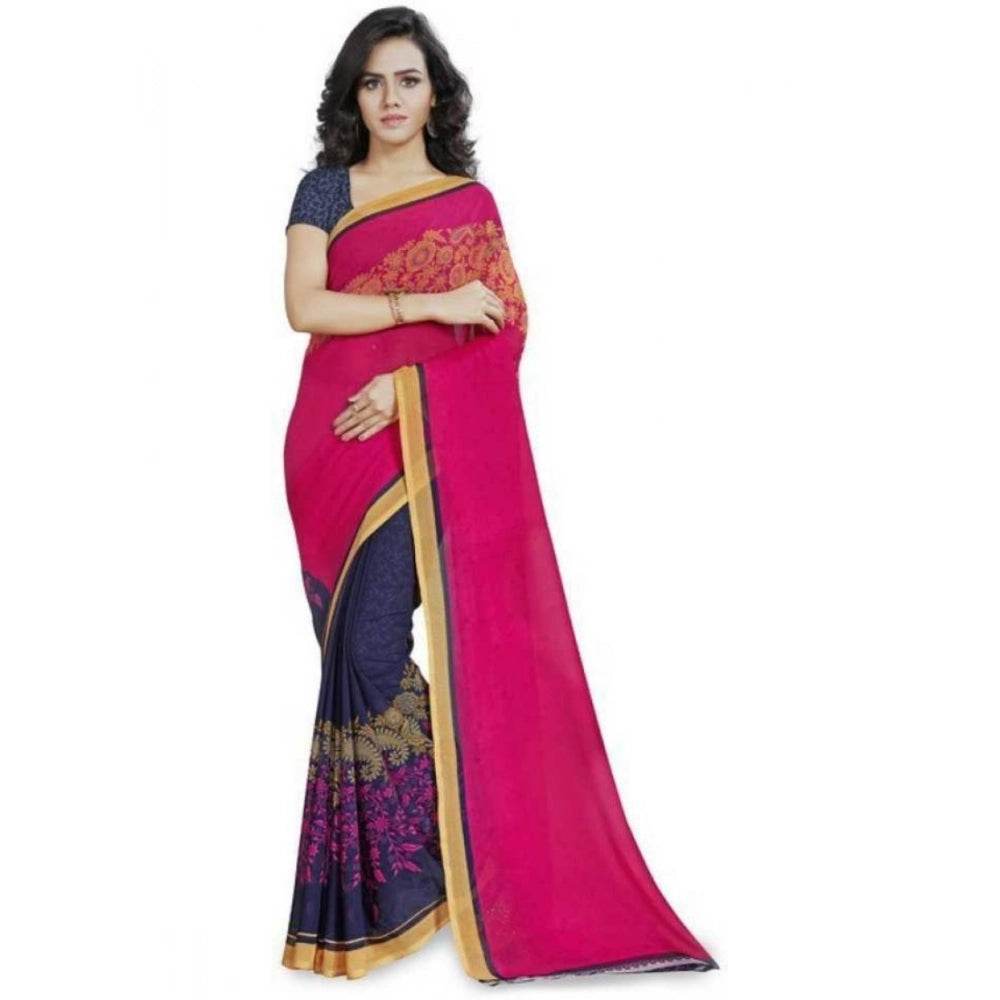 Generic Women's Faux Georgette Printed Saree With Unstitched Blouse 5.5Mtr (Pink) - MYLUXURY LANE ENTERPRISE