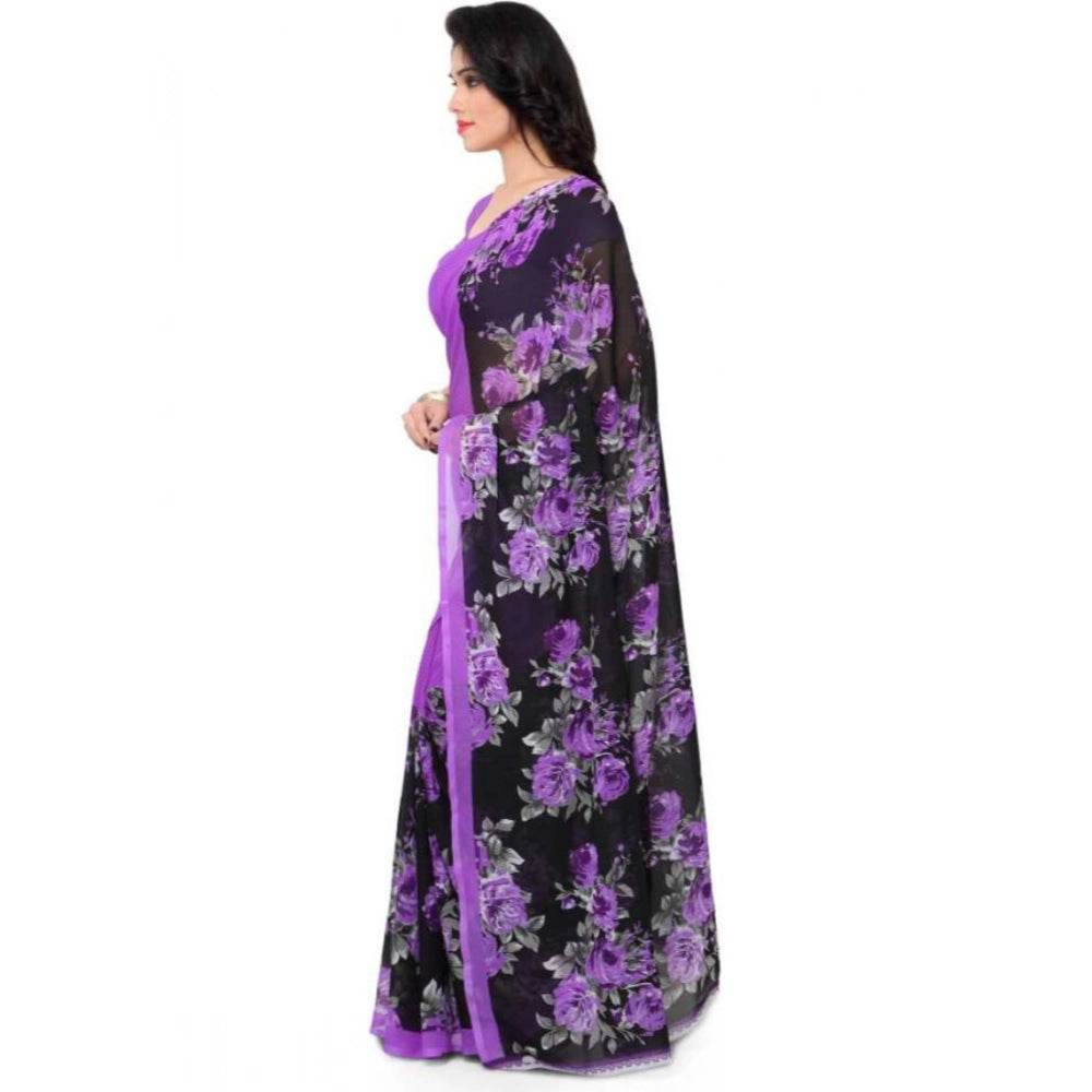 Generic Women's Faux Georgette Printed Saree With Unstitched Blouse 5.5Mtr (Purple) - MYLUXURY LANE ENTERPRISE