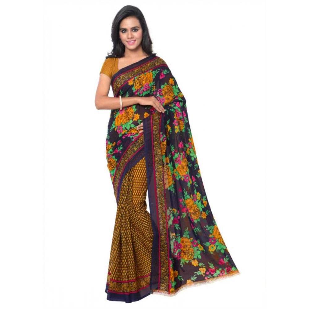 Generic Women's Faux Georgette Printed Saree With Unstitched Blouse 5.5Mtr (Gold) - MYLUXURY LANE ENTERPRISE