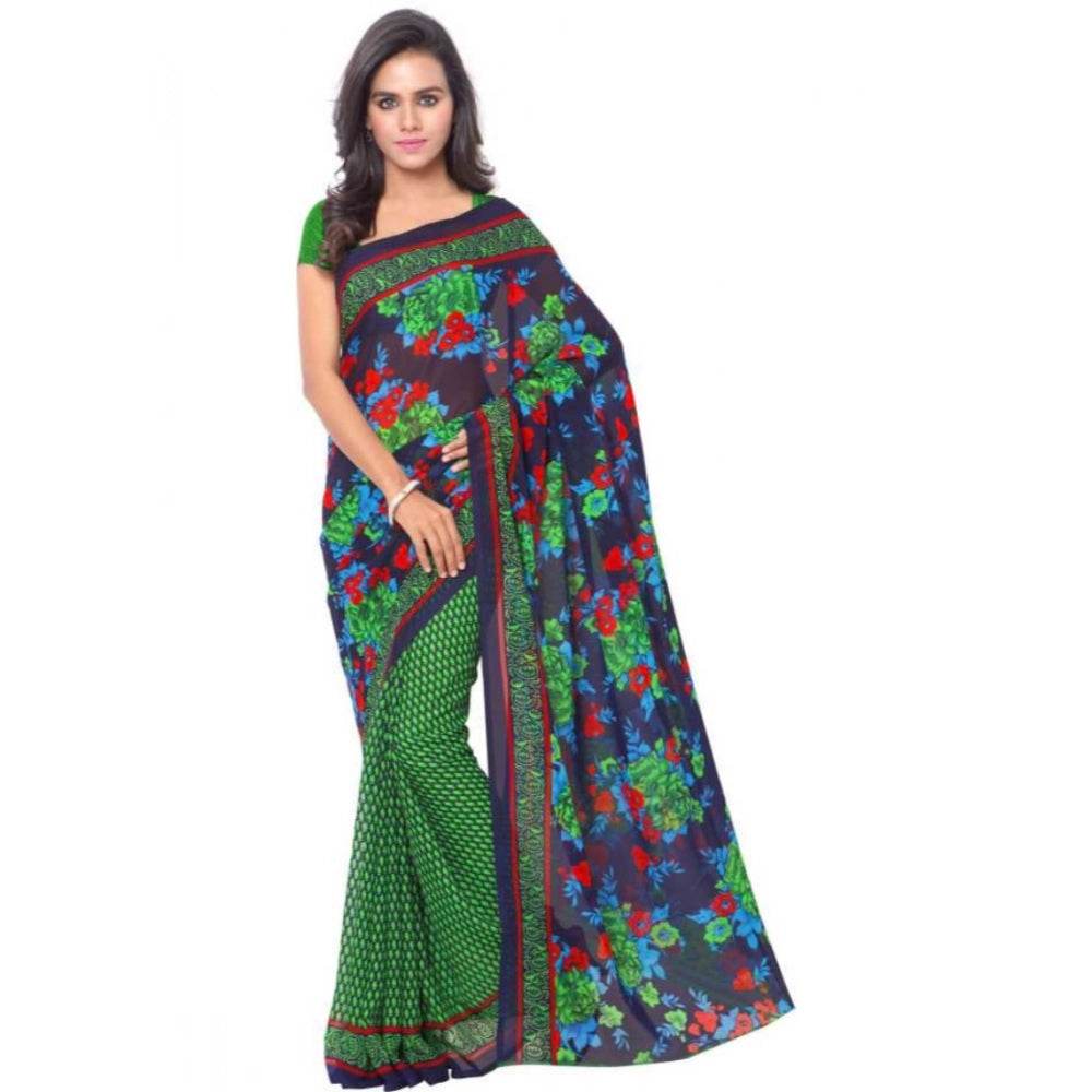 Generic Women's Faux Georgette Printed Saree With Unstitched Blouse 5.5Mtr (Green) - MYLUXURY LANE ENTERPRISE
