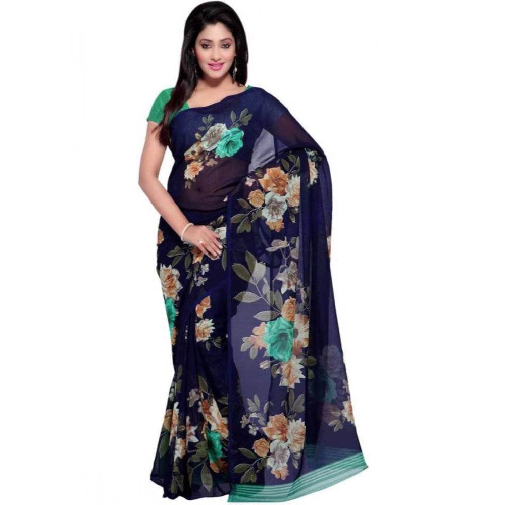 Generic Women's Faux Georgette Printed Saree With Unstitched Blouse 5.5Mtr (Blue) - MYLUXURY LANE ENTERPRISE