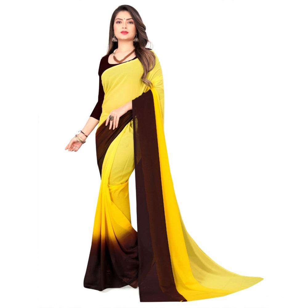 Generic Women's Georgette Solid Saree With Unstitched Blouse 5.5Mtr (Yellow) - MYLUXURY LANE ENTERPRISE