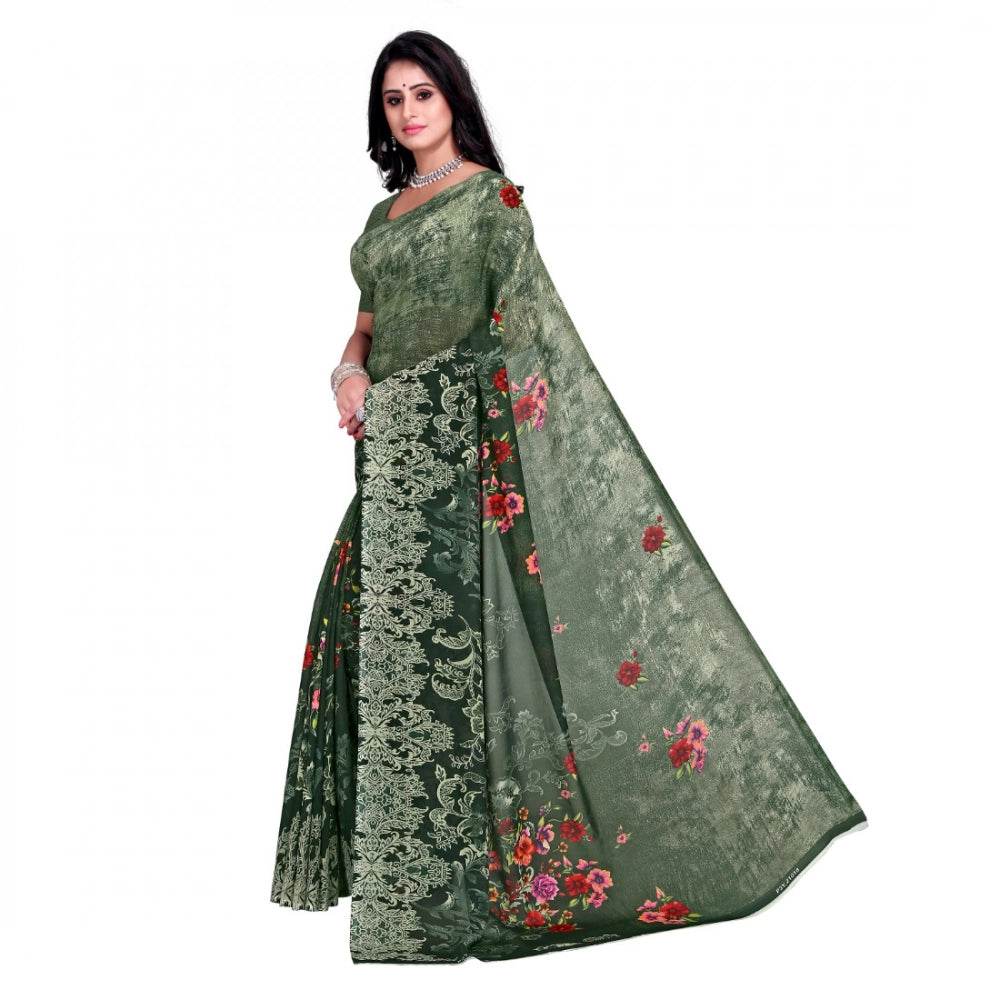 Generic Women's Faux Georgette Printed Saree With Unstitched Blouse 5.5Mtr (Green) - MYLUXURY LANE ENTERPRISE