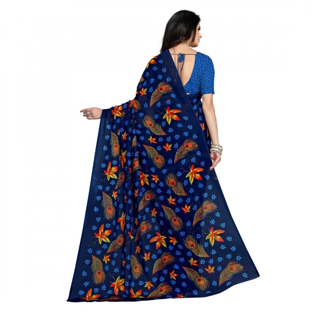 Generic Women's Faux Georgette Printed Saree With Unstitched Blouse 5.5Mtr (Blue) - MYLUXURY LANE ENTERPRISE