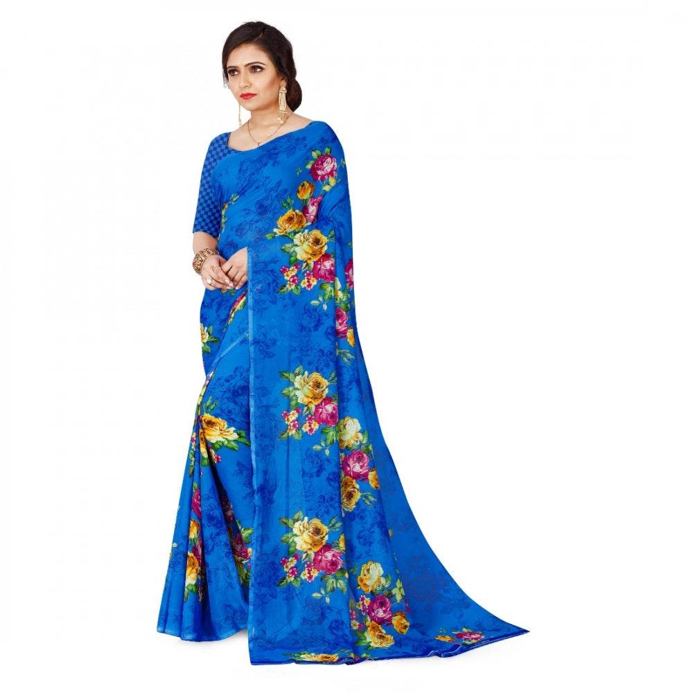 Generic Women's Faux Georgette Printed Saree With Unstitched Blouse 5.5Mtr (Blue) - MYLUXURY LANE ENTERPRISE