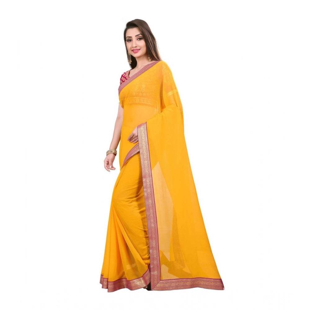 Generic Women's Chiifon Saree Printed Saree With Unstitched Blouse 5.5Mtr (Yellow) - MYLUXURY LANE ENTERPRISE