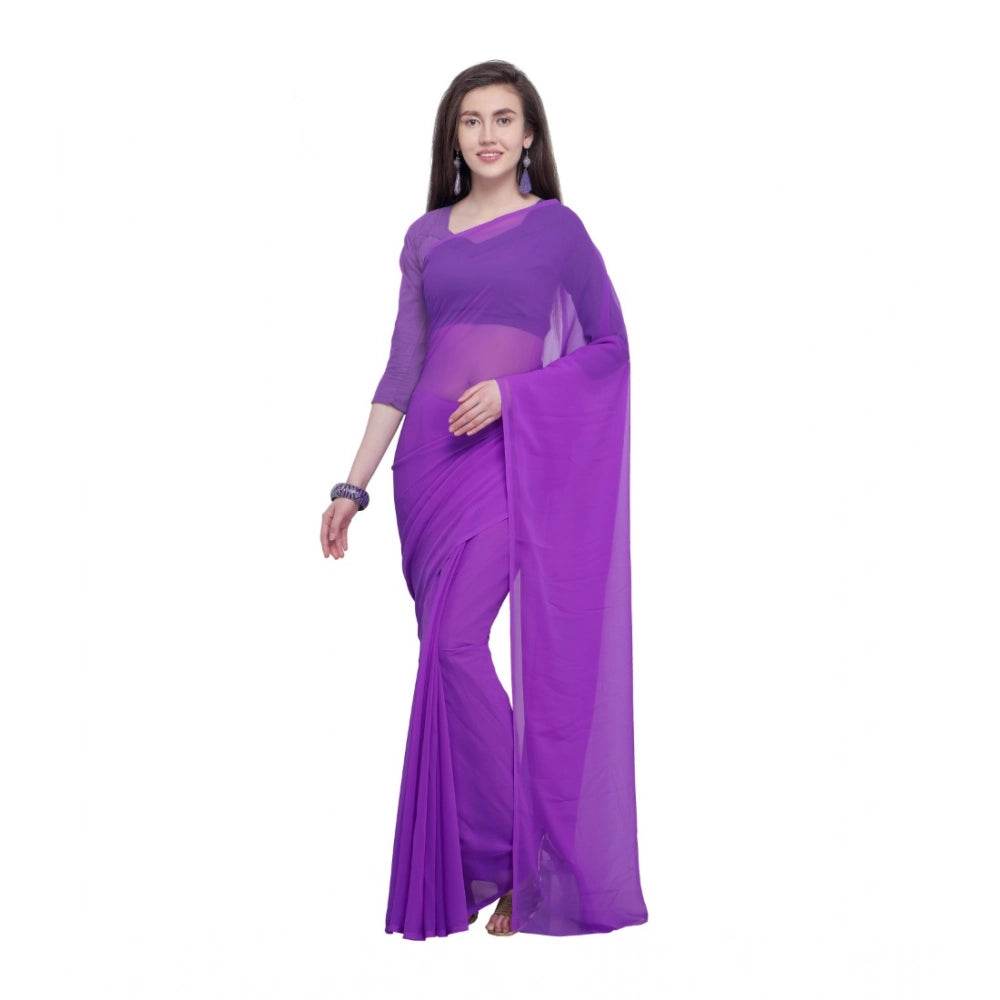 Generic Women's Dyed Solid Saree With Unstitched Blouse 5.5Mtr (Purple) - MYLUXURY LANE ENTERPRISE