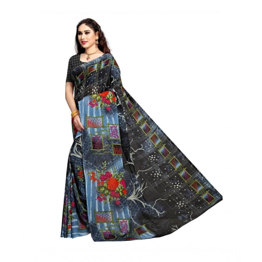 Generic Women's Georgette Printed Saree With Unstitched Blouse 5.5Mtr (Blue) - MYLUXURY LANE ENTERPRISE