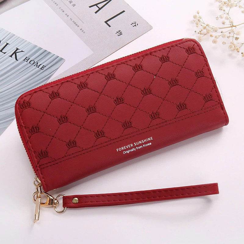 Long Crown Embroidery Thread Single Zip Clutch Wallet Women - MYLUXURY LANE ENTERPRISE