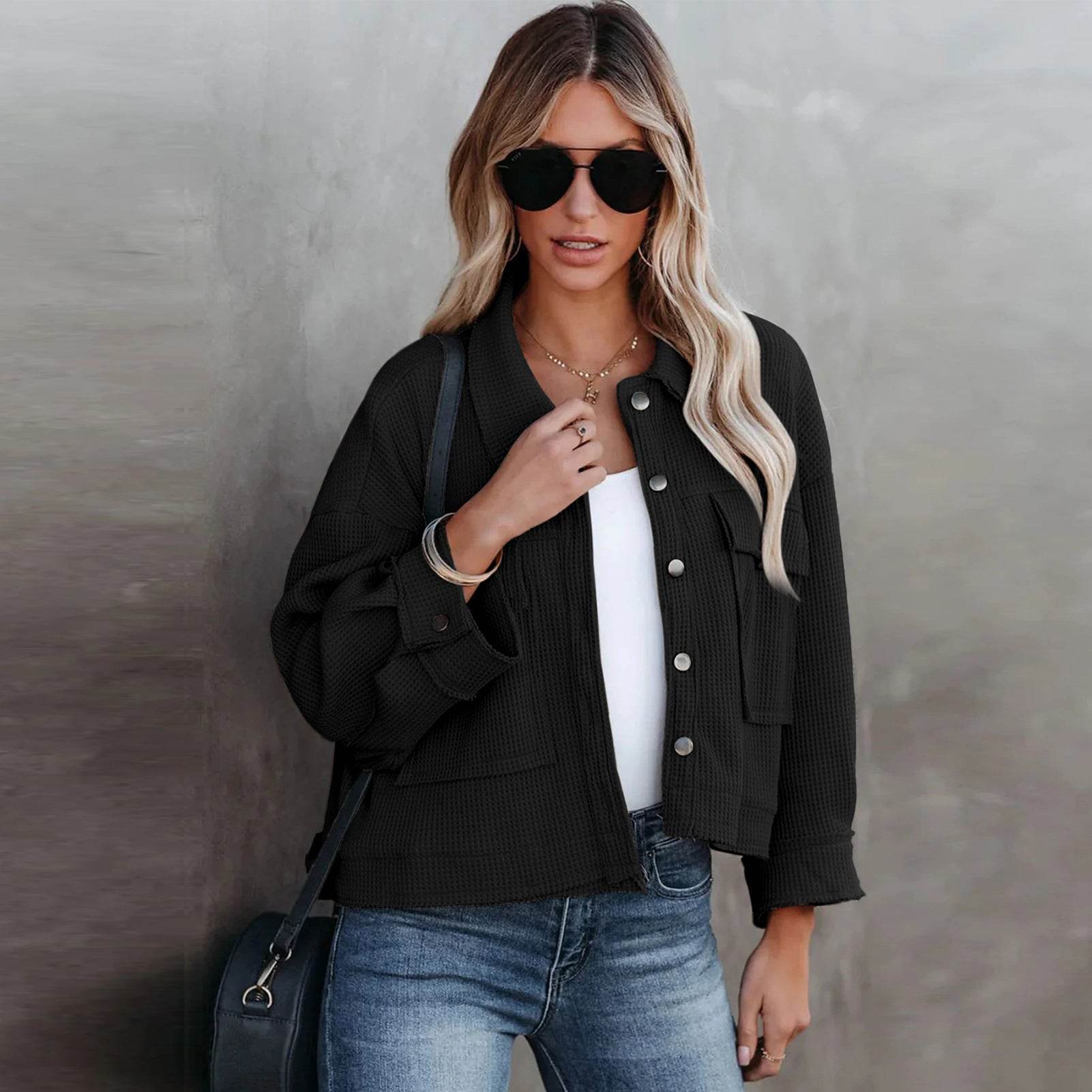 Women's Waffle Cardigan Short Top Coat - MYLUXURY LANE ENTERPRISE