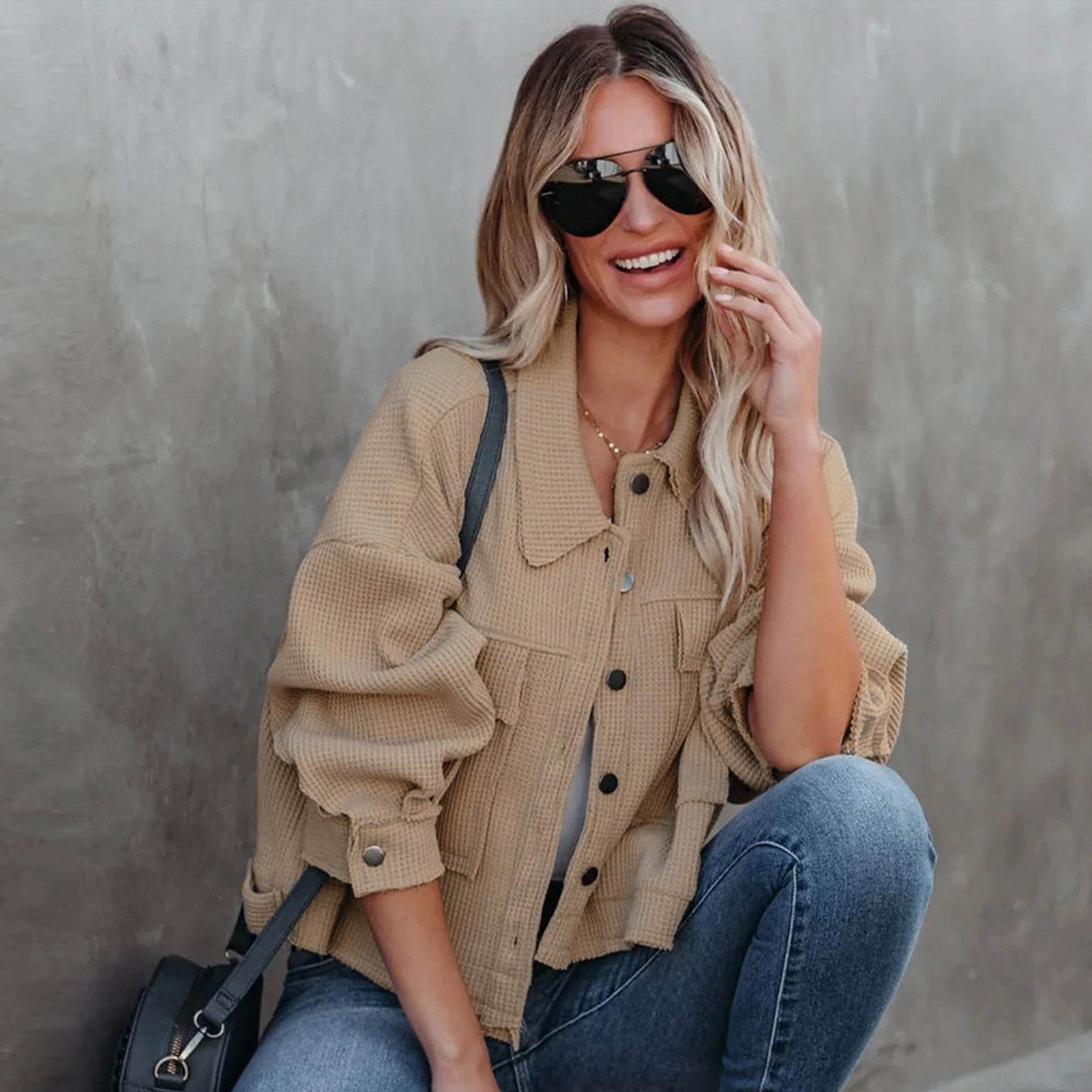 Women's Waffle Cardigan Short Top Coat - MYLUXURY LANE ENTERPRISE