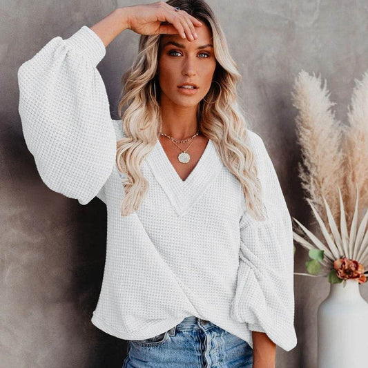 Fashion loose V-neck T-shirt Lantern Sleeve Top - MYLUXURY LANE ENTERPRISE