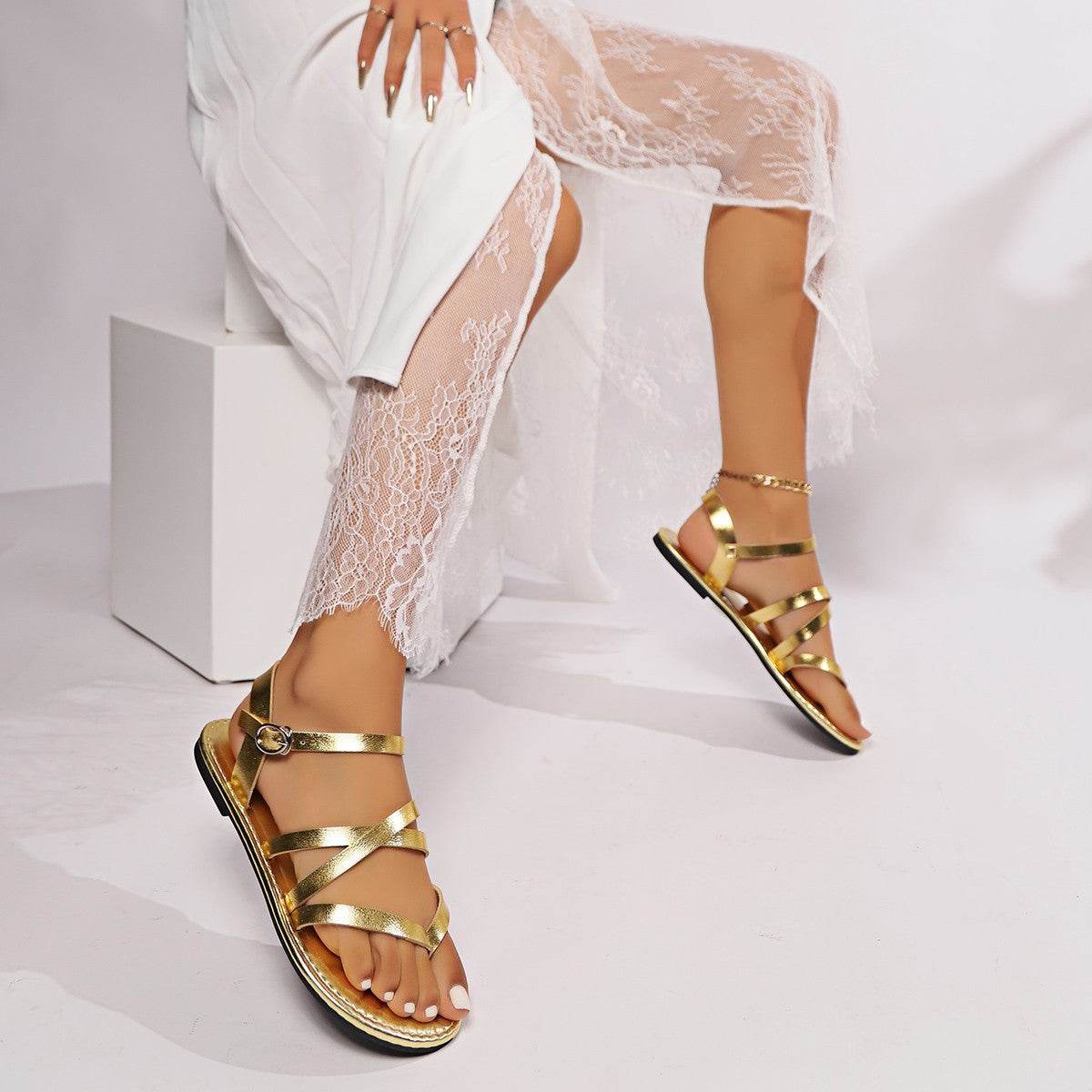Women's Beach Flip-toe Retro Buckle Flat Cross Strap Flat Shoes - MYLUXURY LANE ENTERPRISE
