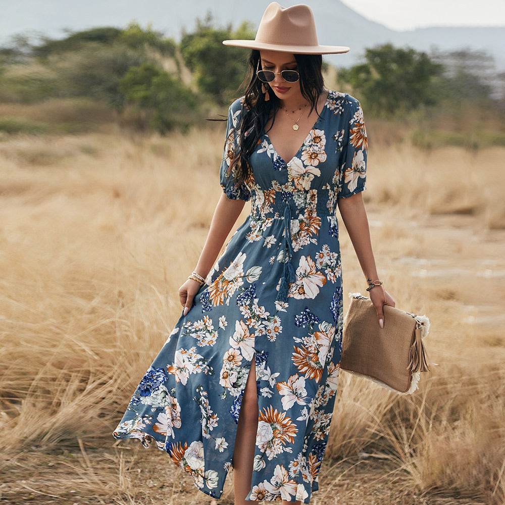 Floral Summer Beach Dress With V Neck Elastic Waist Dresses For Women - MYLUXURY LANE ENTERPRISE