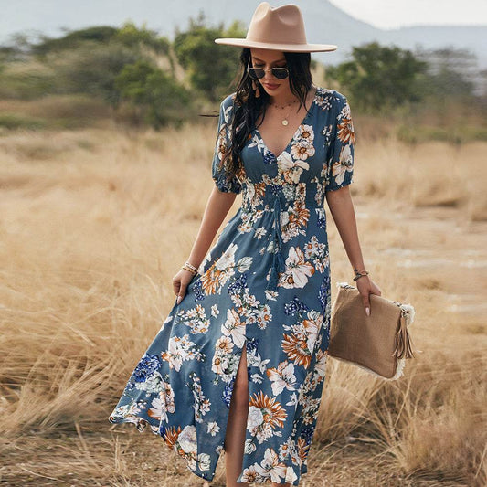 Floral Summer Beach Dress With V Neck Elastic Waist Dresses For Women - MYLUXURY LANE ENTERPRISE