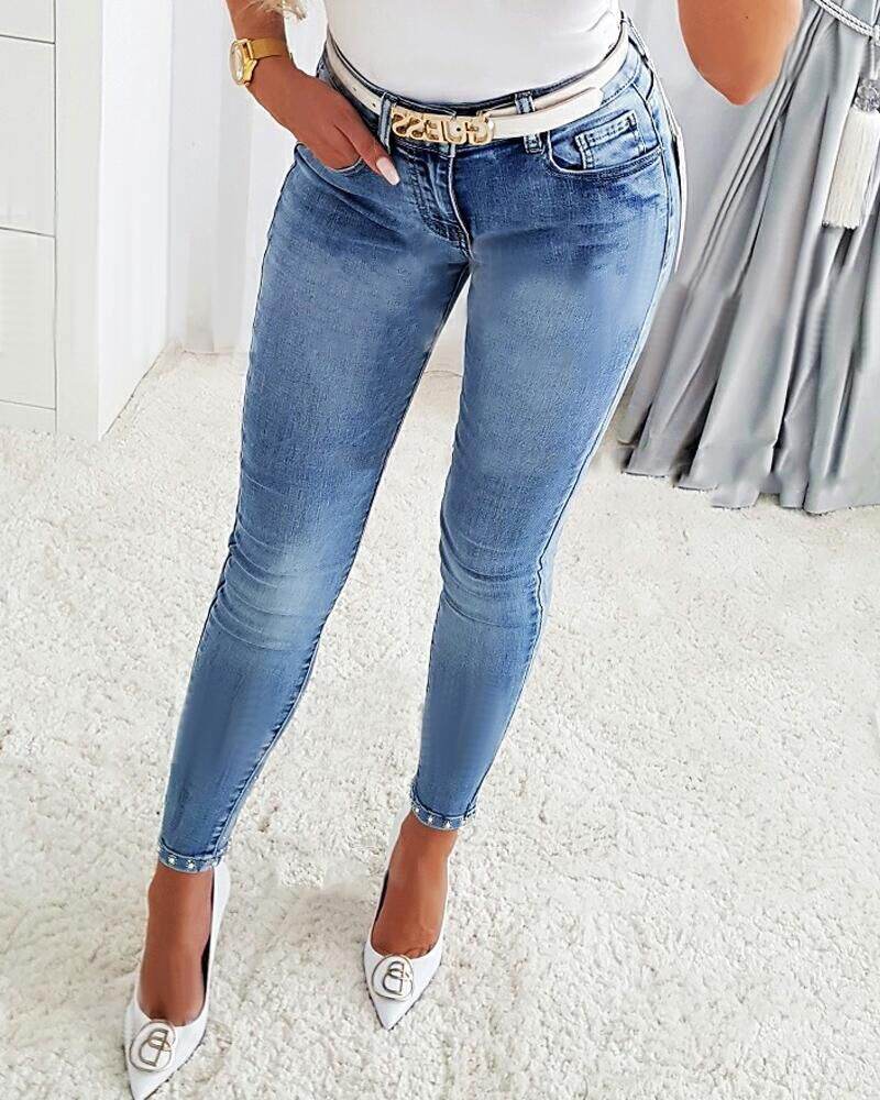 Women's Jeans European And American Trendy High Waist Beaded Skinny Tappered Pants - MYLUXURY LANE ENTERPRISE
