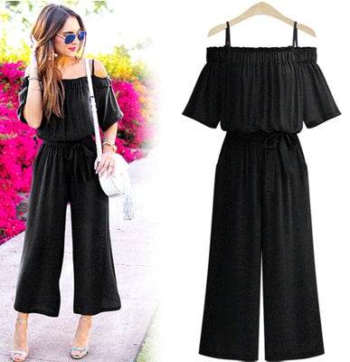 European station fat MM large size women's one shoulder strap jumpsuit Sling waist wide leg trousers - MYLUXURY LANE ENTERPRISE