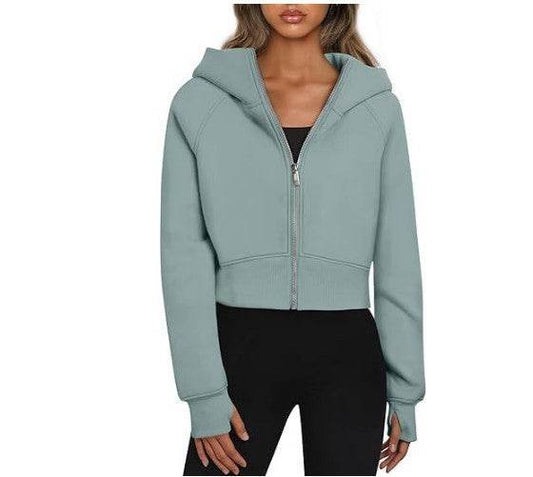 Women's Hooded Zipper Short Velvet Long Sleeve Sweatshirt - MYLUXURY LANE ENTERPRISE