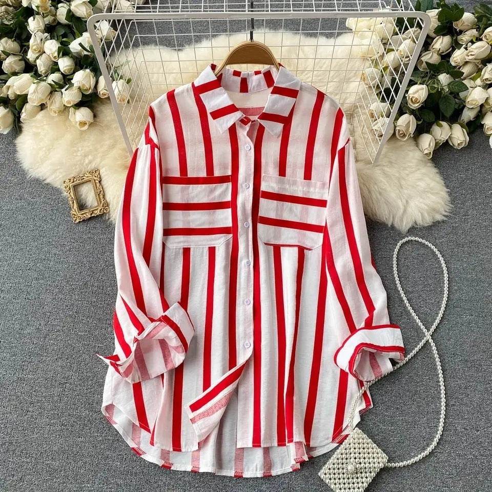 Mid-length Vertical Stripes Multi-color Shirt Coat Casual Loose Top - MYLUXURY LANE ENTERPRISE