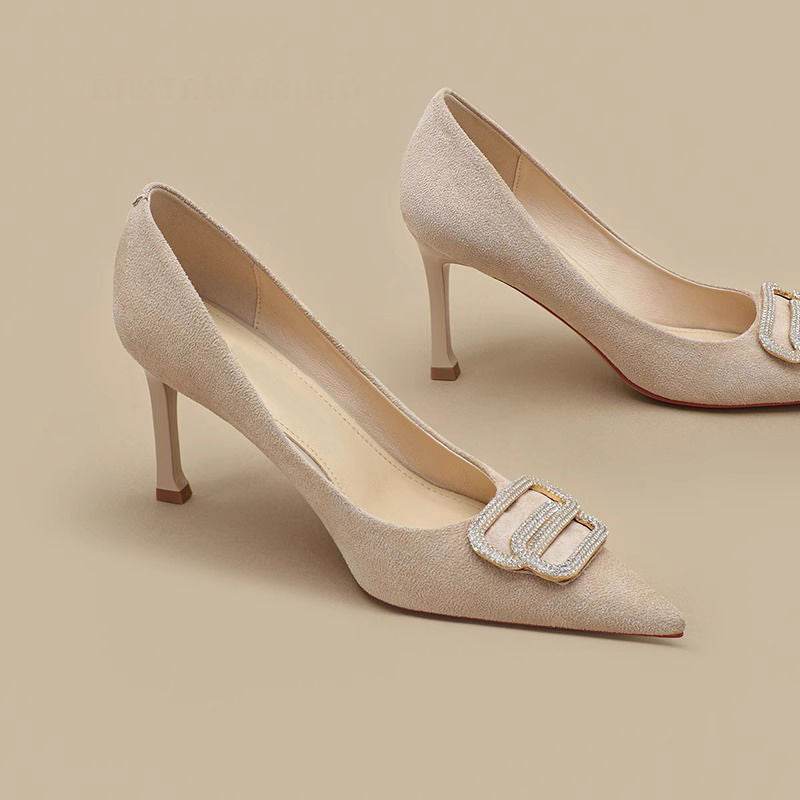 Soft Leather High Heels Female Career Stilettos Sense Rhinestone Shoes - MYLUXURY LANE ENTERPRISE
