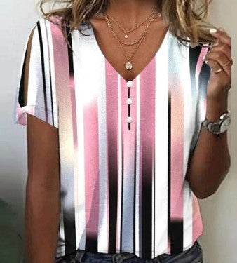 Flower Series 3D Printed V-neck Button T-shirt Top - MYLUXURY LANE ENTERPRISE