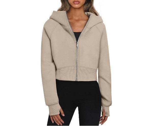 Women's Hooded Zipper Short Velvet Long Sleeve Sweatshirt - MYLUXURY LANE ENTERPRISE
