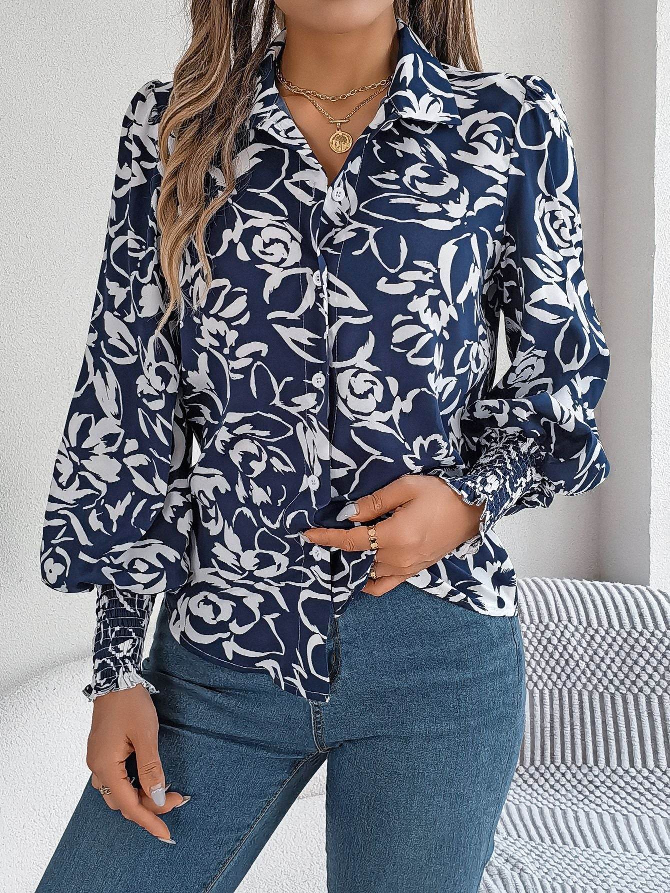 Elegant Contrast Color Flower Lantern Sleeve Lapel Shirt - MYLUXURY LANE ENTERPRISE