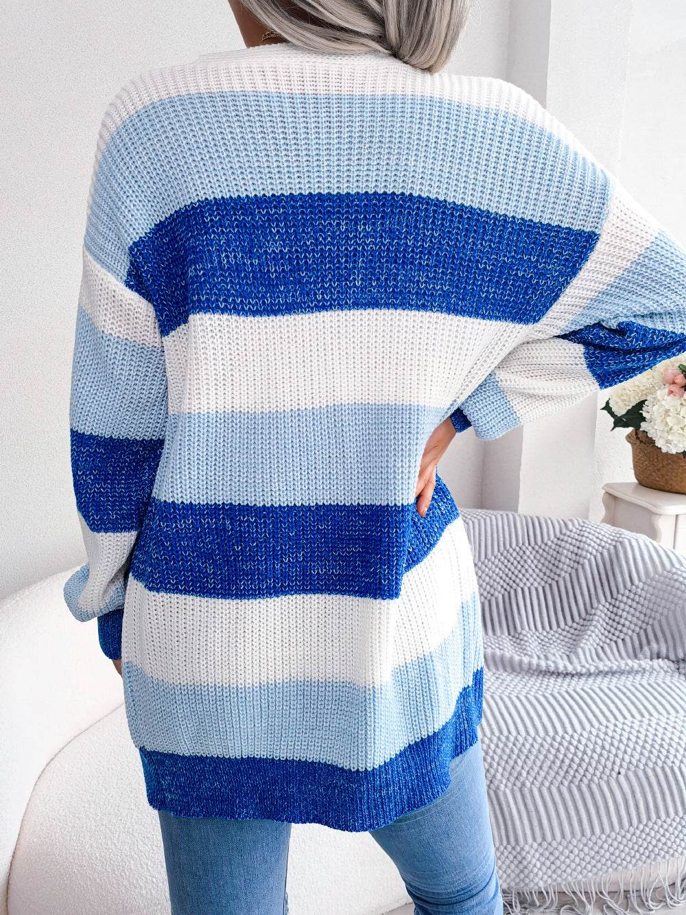Plaid Sweater Women Casual Lantern Sleeves Cardigan Jacket Outerwear Clothes - MYLUXURY LANE ENTERPRISE