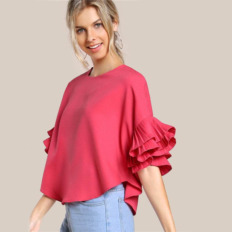 Ladies T-shirt Round Neck Lotus Leaf Double Layer Bell Sleeve Short Chic Top - MYLUXURY LANE ENTERPRISE